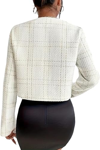 Veste Tweed Femme Ouverte Devant - Blazer Carreaux Élégant Manches Longues Avec Poches