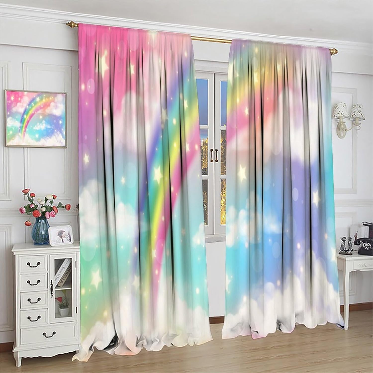 Rainbow Curtains Colorful Cloud Bright Star Pattern for Girls Room Decoration Blackout Print Rod Pocket Window Drapes for Bedroom Living Room 42x45in