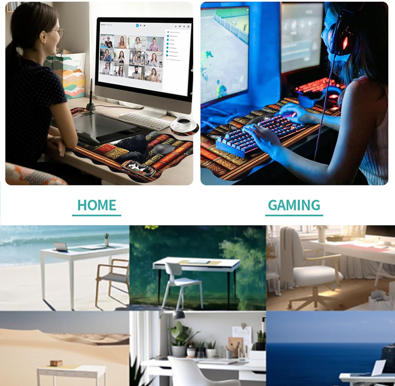 Desk Mat, Mouse Pad with Wrist Rest, 4-in-1 Large Mouse Pads for Desk, Ergonomic Mouse Pad and Keyboard Wrist Rest Gaming Keyboard Mat for Office,Cat on Bookshelf