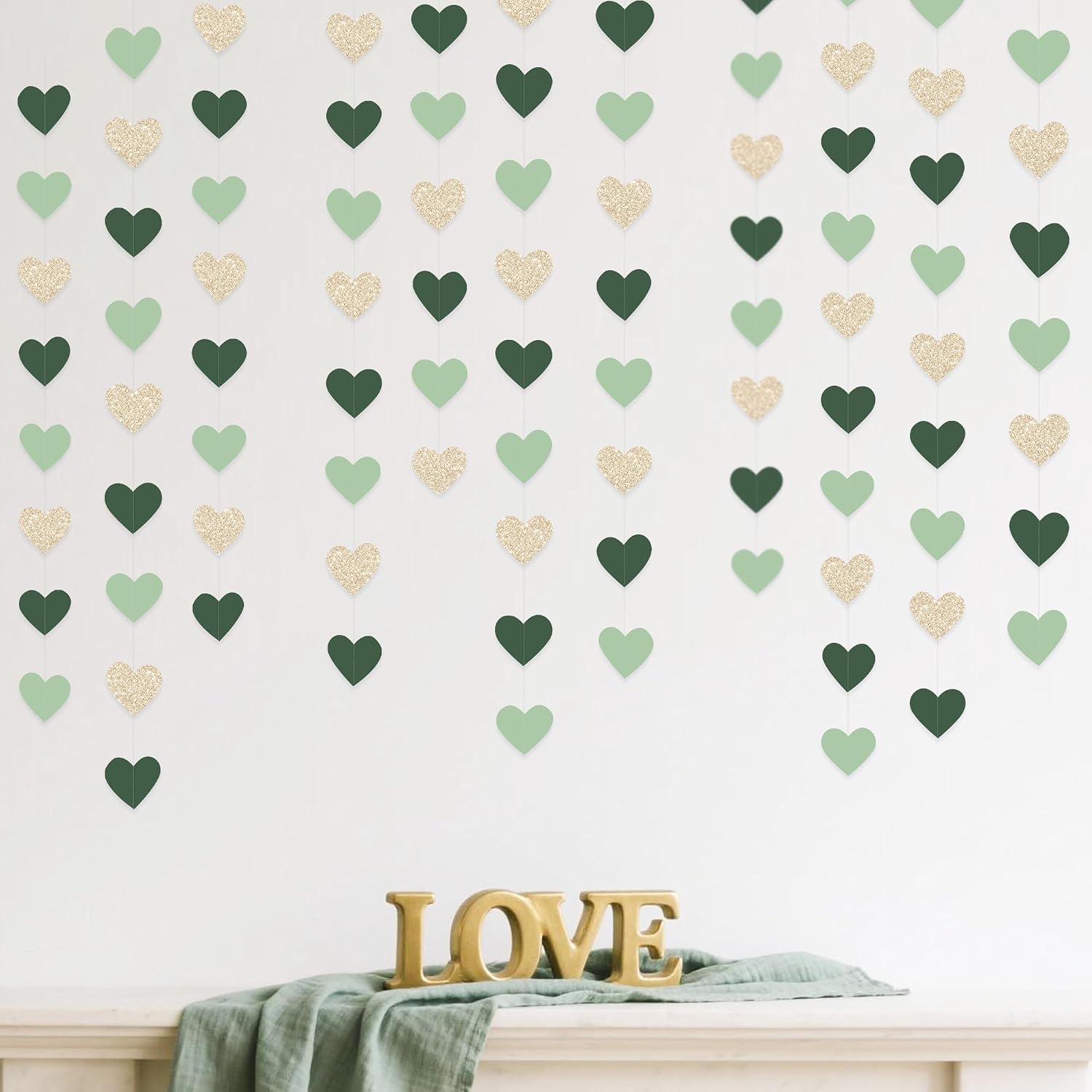 Champagne Gold Sage Green Heart Garland Olive Green Champagne Gold Glitter Paper Love Heart Hanging Streamer Banner for Woodland Safari Birthday Wedding Anniversary Valentines Day Party Decorations