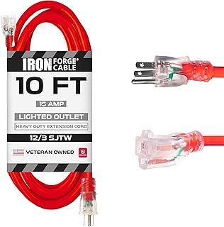 Iron Forge Cable 10 ft Lighted Outdoor Extension Cord - 12/3 SJTW Red 10 ft Extension Cord Heavy Duty with 3 Prong 15 AMP Grounded Plug for Safety