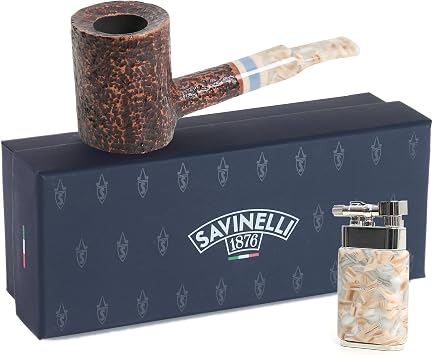 Savinelli Sasso Rusticated 311 KS Wood Pipe + Soft Flame Lighter Gift Set