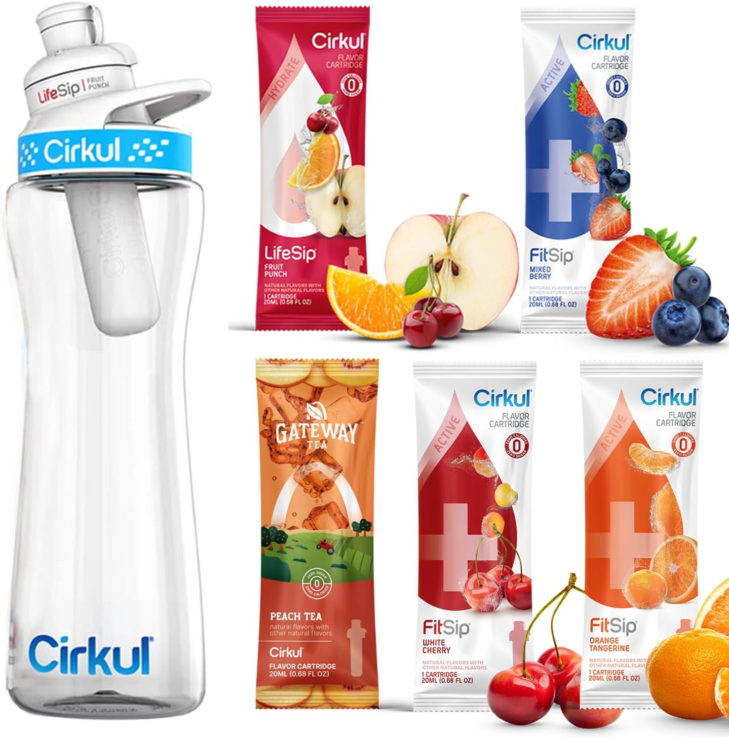 Cirkull 22oz Plastic Water Bottle and 5 Variety Flavor Cartridges Mixed Berry &amp; Fruit Punch &amp; Random Flavor &amp; 2 Random Fitsip Flavor