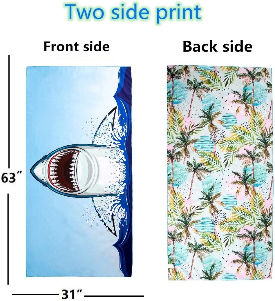 Microfiber Sand Free Beach Towel Blanket-Quick Fast Dry Super Absorbent Lightweight Thin Towel for Travel Pool Swimming Bath Camping Yoga Gym Sports Idea … (Shark) : Home & Kitchen