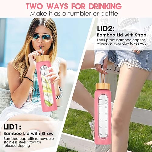 Miniatura 5 de Botellas de agua de vidrio de 32 onzas con popote, botella de agua de vidrio motivacional con marcador de tiempo y funda de silicona, vaso de vidrio