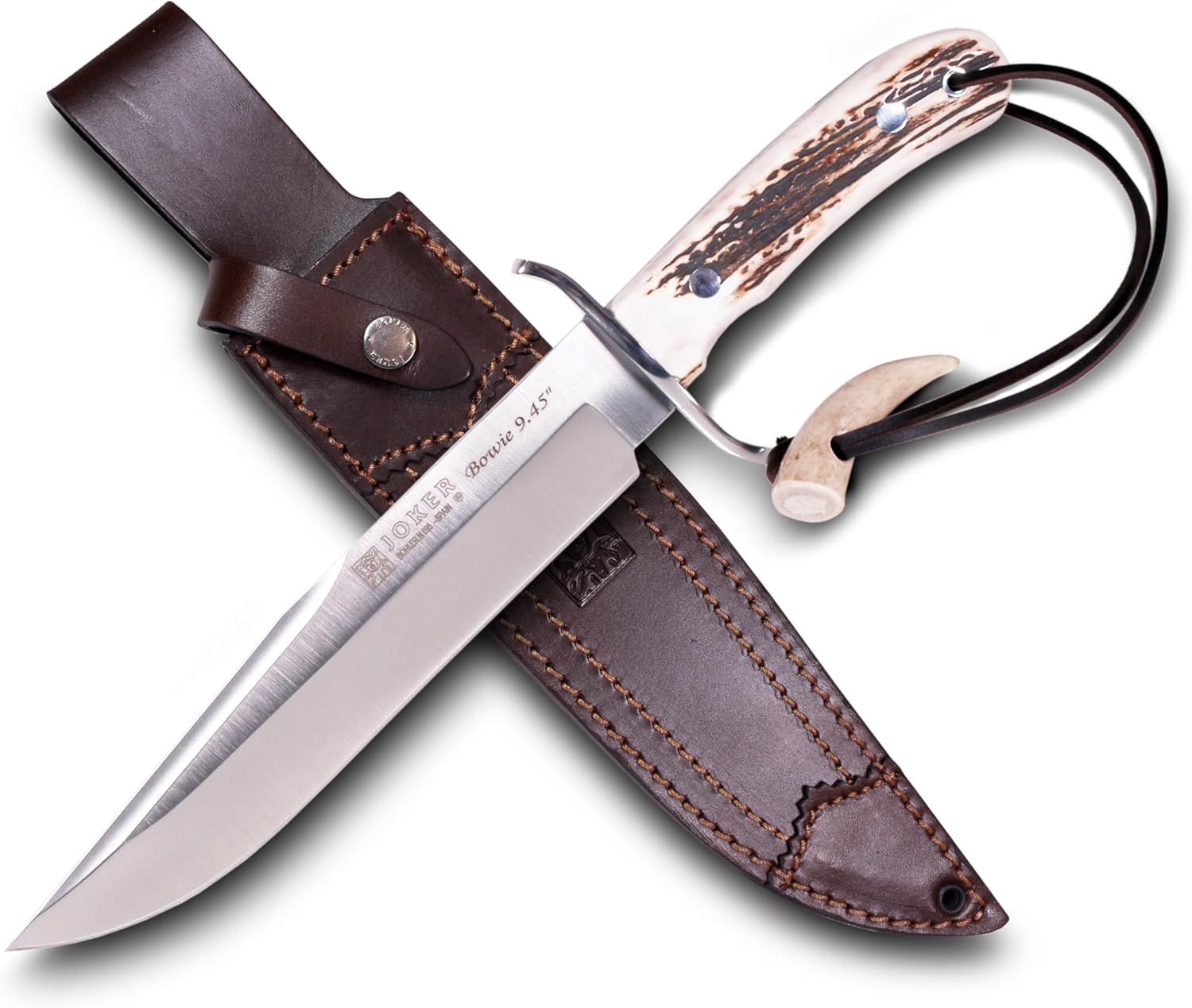 Joker Bowie Hunting Knife CC139 – Handmade in Spain – 9.45" Böhler N695 Full Tang Stainless Steel Blade – Deer Antler Handle – Brown Leather Sheath – Classic Bowie Design for Hunting, Camping & Outdoor Use
