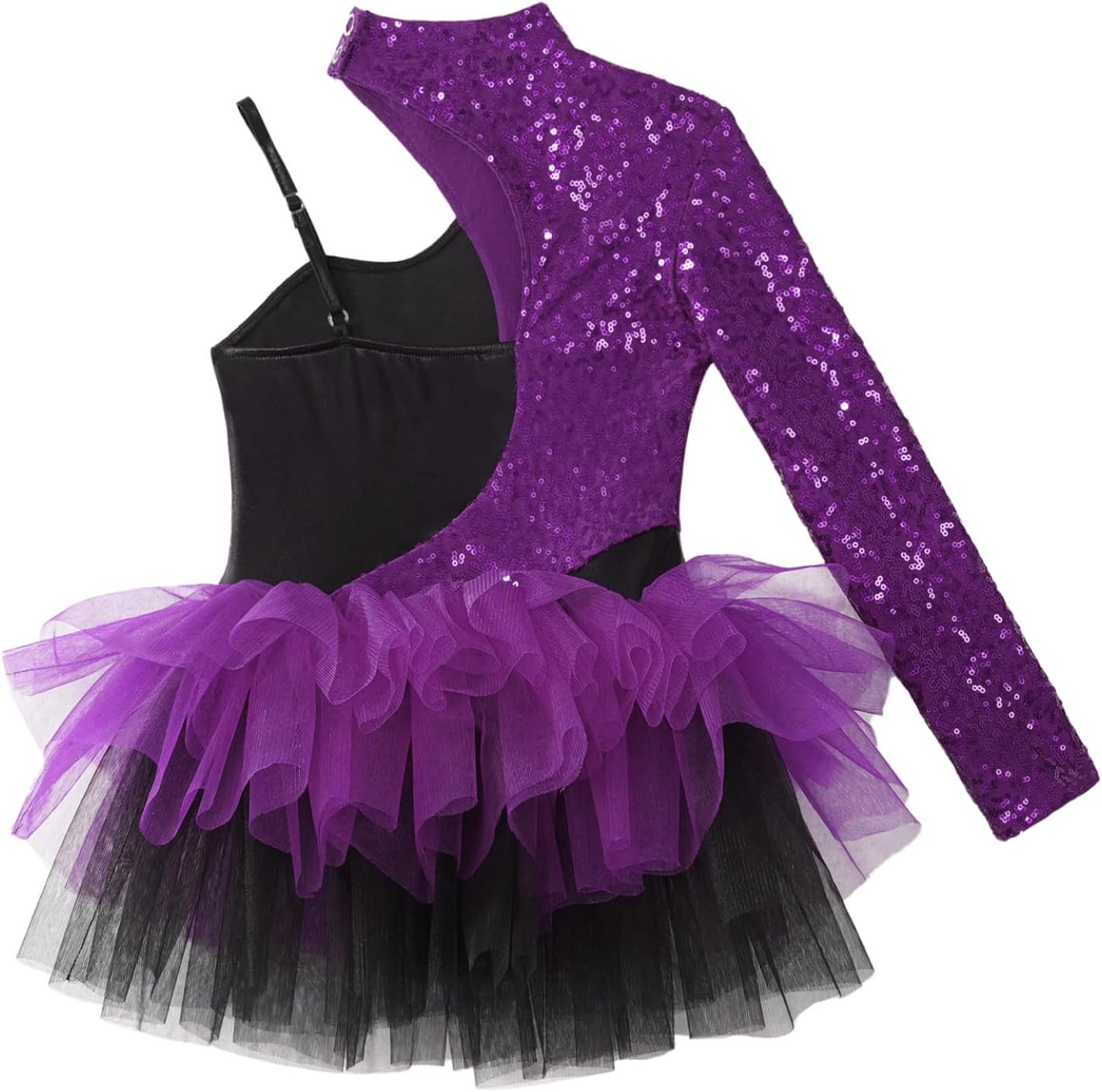 Linjinx Kids Girls Sequins Asymmetrical Sleeves Ballet Tutu Dress Jazz Latin Dance Dress Ballerina Outfit Dancewear