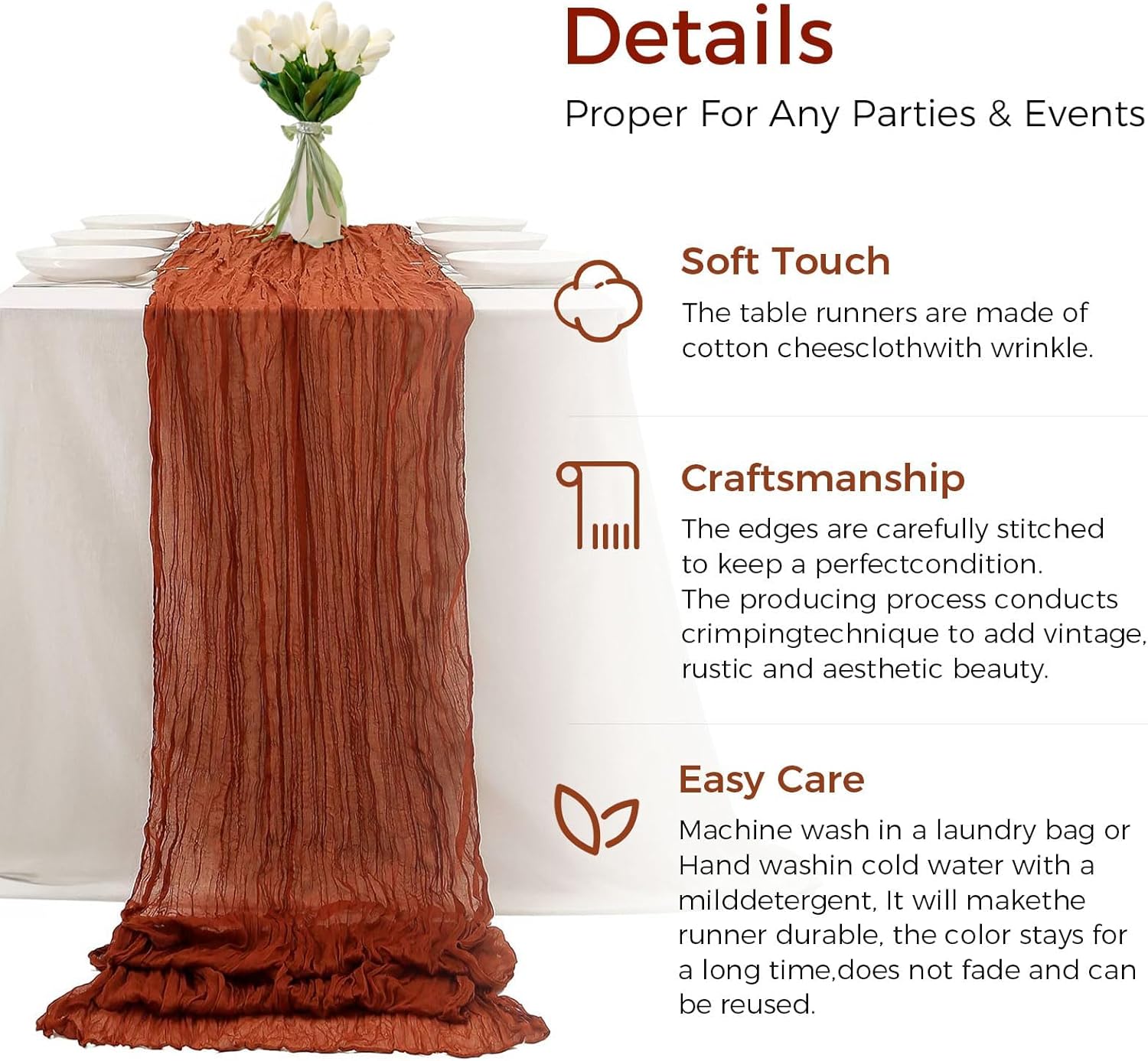 10PCS Terracotta Cheesecloth Table Runner 120*35ft Boho Gauze Fabric Cheese Cloth Table Runner Comes Runner for Romantic Wedding Birthday Shower Party Table Decoration