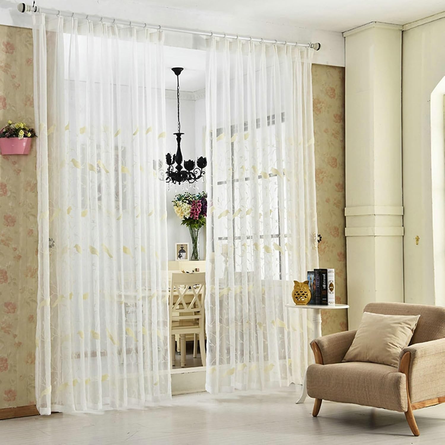 Daesar Sheer Voile Curtains 2 Panels Set, Polyester Cotton Hook Tulle Curtains 52" W x 63" H Drapes Birds and Tree Branches Pattern Beige White Voile Curtains for Bedroom Living Room