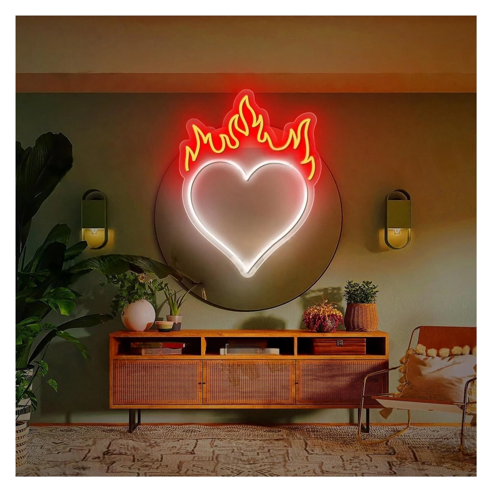 LEMST Signs Lamp Heart Neon Signs, Love Heart Fire Neon Sign USB Powered Adjustable Brightness Heart Flame Neon Lights, Suitable for Wall Hanging Decor(A,46cmx55cm)
