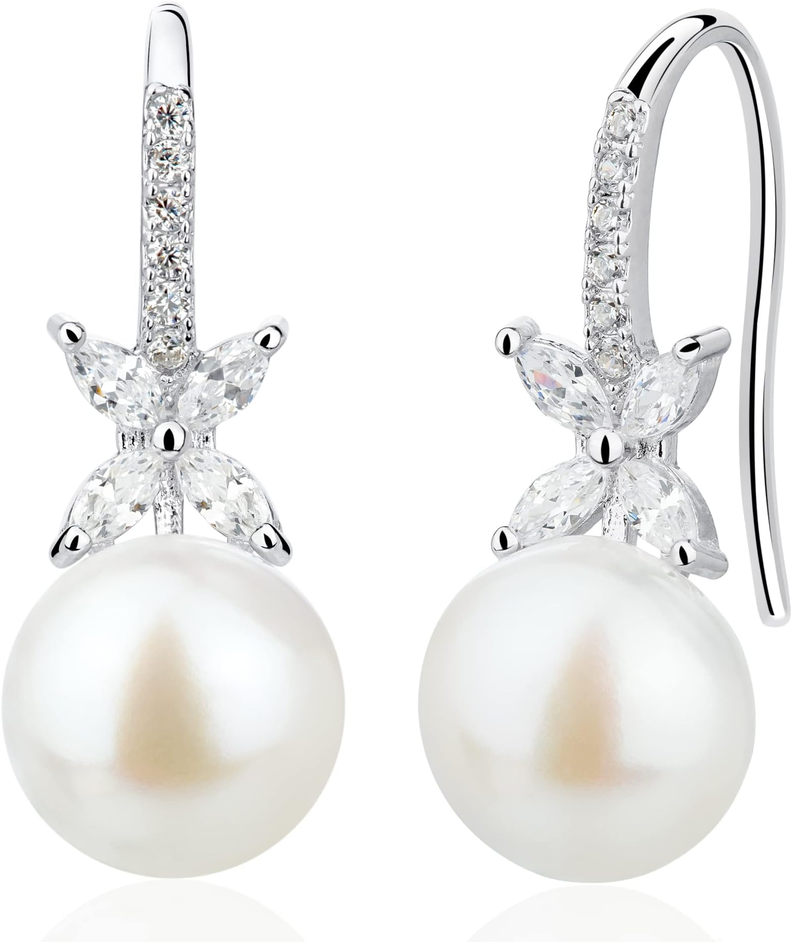 PearlsaysNatural Pearl Earrings for Women Cubic Zirconia 925 Sterling Silver Flower Handpicked Real White Cultured Freshwater 7.5-8mm Round Pearl Handmade Birthstone June Charm Gifts