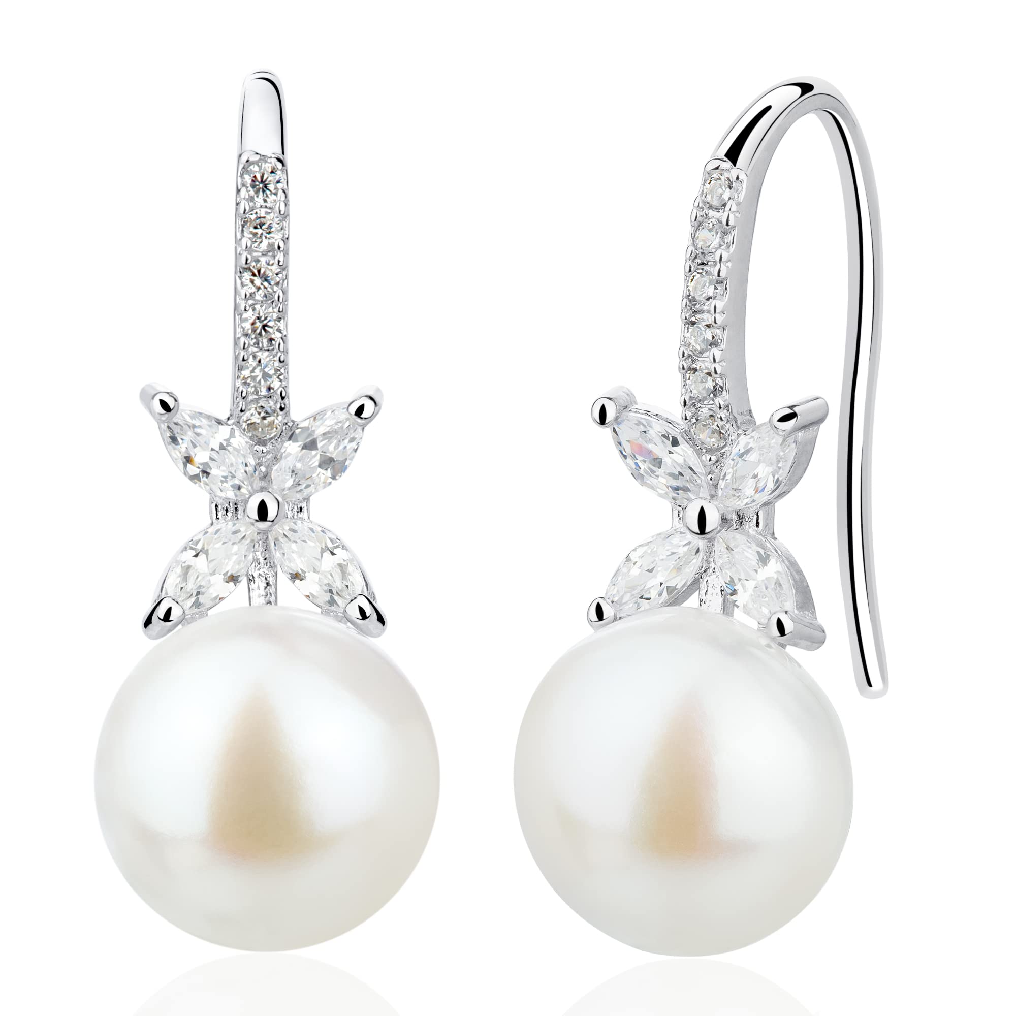 PearlsaysNatural Pearl Earrings for Women Cubic Zirconia 925 Sterling Silver Flower Handpicked Real White Cultured Freshwater 7.5-8mm Round Pearl Handmade Birthstone June Charm Gifts