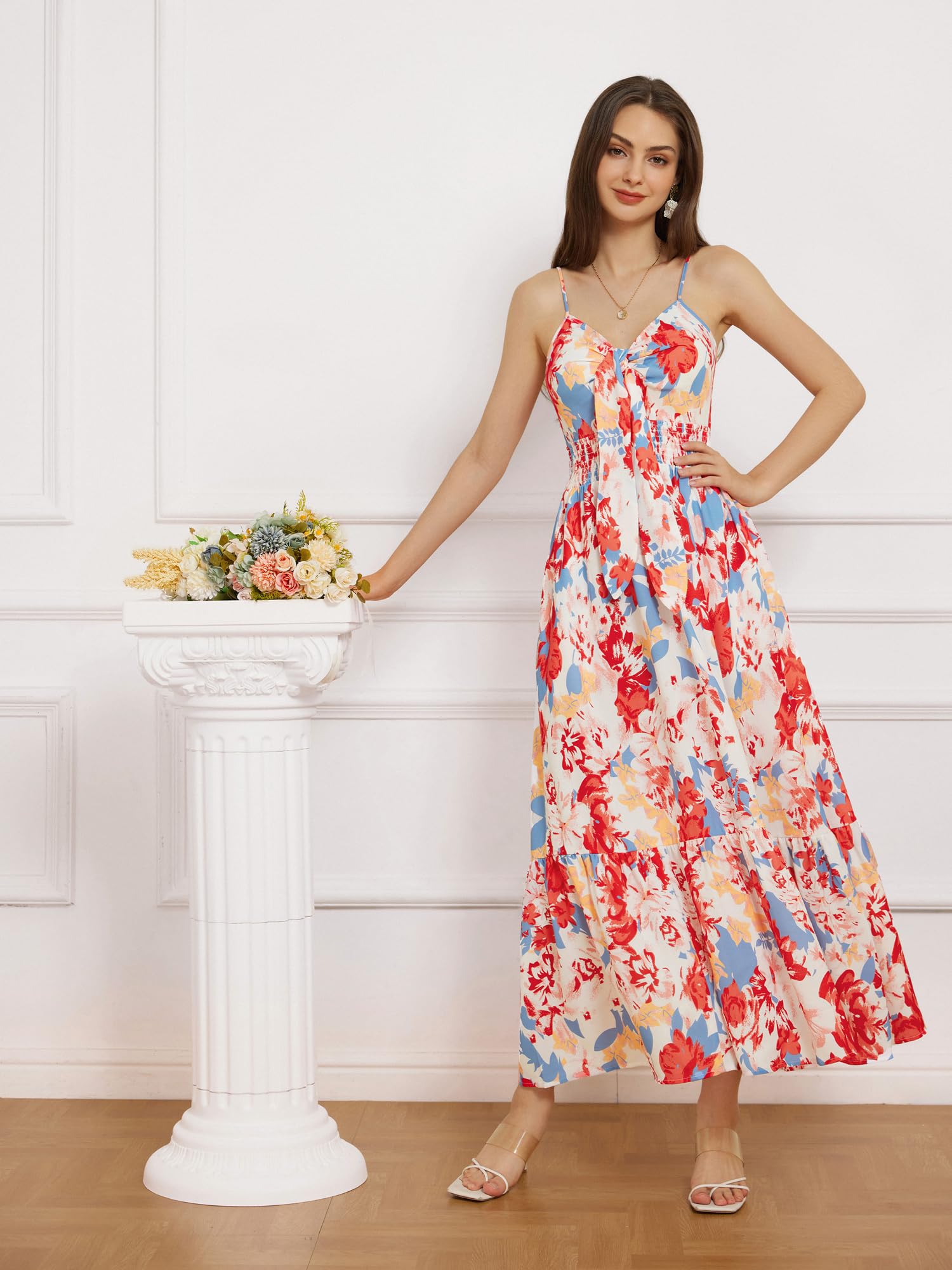 GRACE KARIN Maxi abito estivo da donna 2025, motivo floreale, con laccetto frontale, casual, bohémien, da spiaggia, con tasche