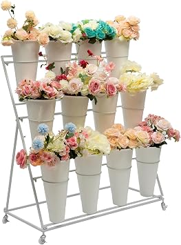 Flower Display Stand with 12 Buckets, 3 Layers Flower Bar Stand with Buckets, flower Cart Display Stand with Wheels for Patio Garden, Living Room, Outdoor Flower Pop-Up Events