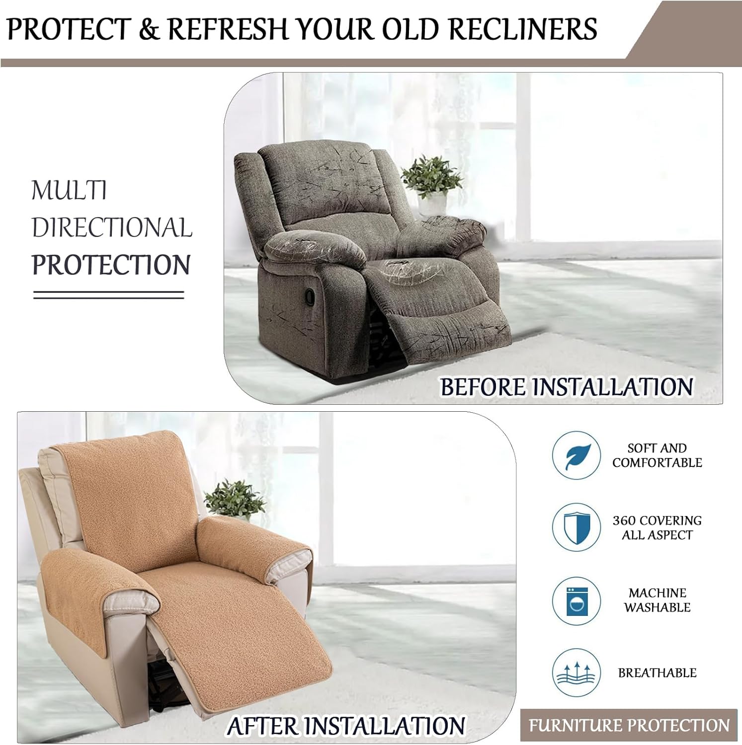 Sofa Armrest Cover, Recliner Chair Protector, Furniture Protector Slip, Lamb Velvet Armchair Slipcover Nonslip Furniture Protector for Pets Leather Sofa Couch (Camel,(30 * 91") 76 * 231CM)