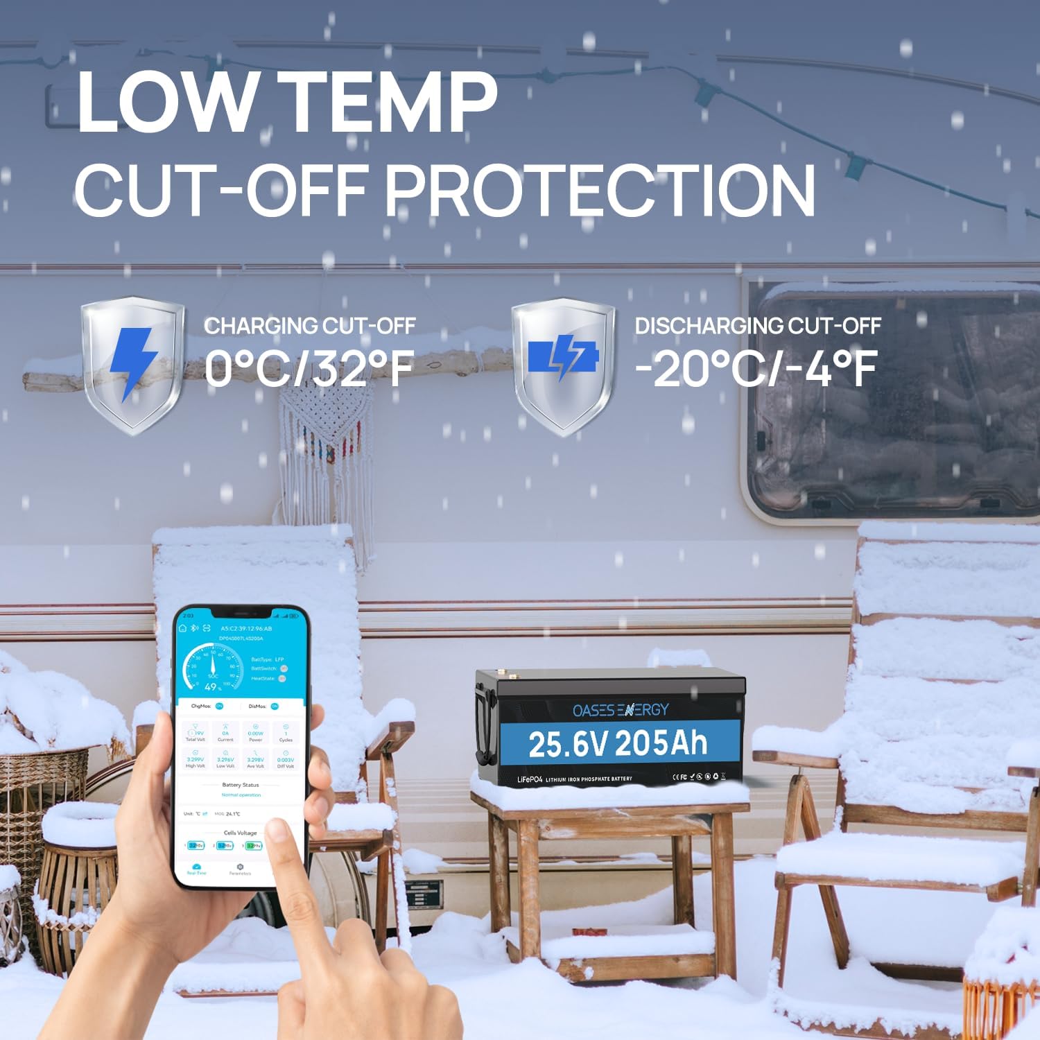 Oasesenergy LiFePO4 battery with low temperature cut-off protection and Bluetooth app monitoring