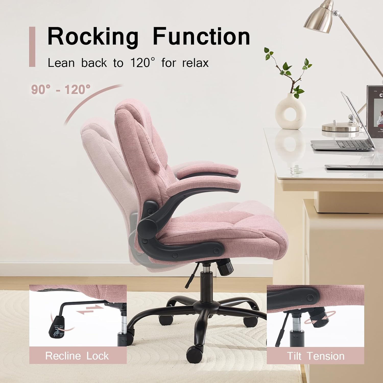 Fabric Padded Home Office Chair Cloth Office Chair Comfortable Desk Chairs with Wheels Flip-up Arm Rest, Mid Back Small Computer Chair, Adjustable Height, Swivel, 250lb Capacity, Pink