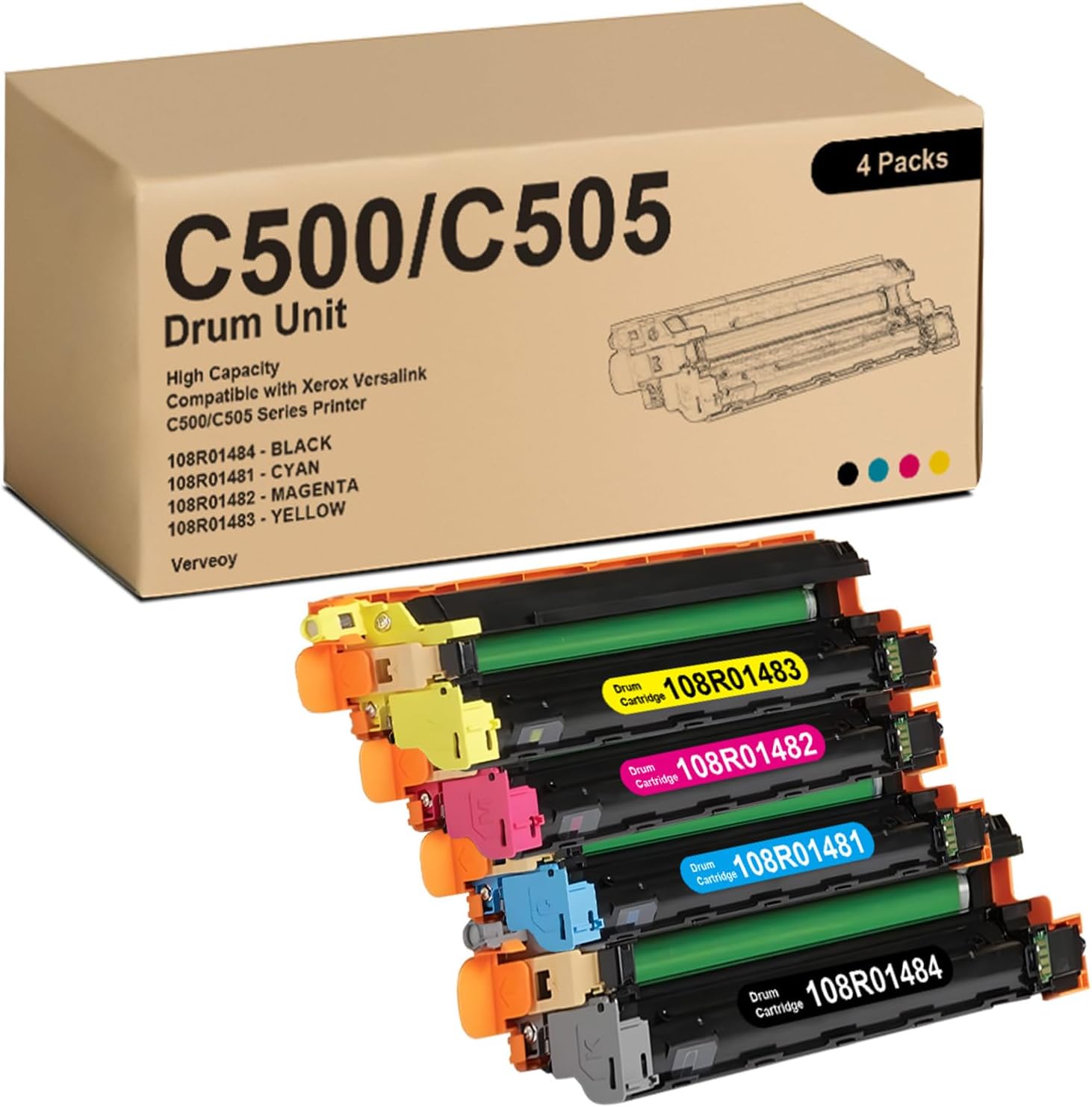 Versalink C500/C505 Drum Cartridge Replacement for Xerox 108R01484 Black Drum 108R01481 108R01482 108R01483 Drum Cartridge for Versalink C500 C505 Drum Cart for C500 C505 Series Printer (4-Pack)