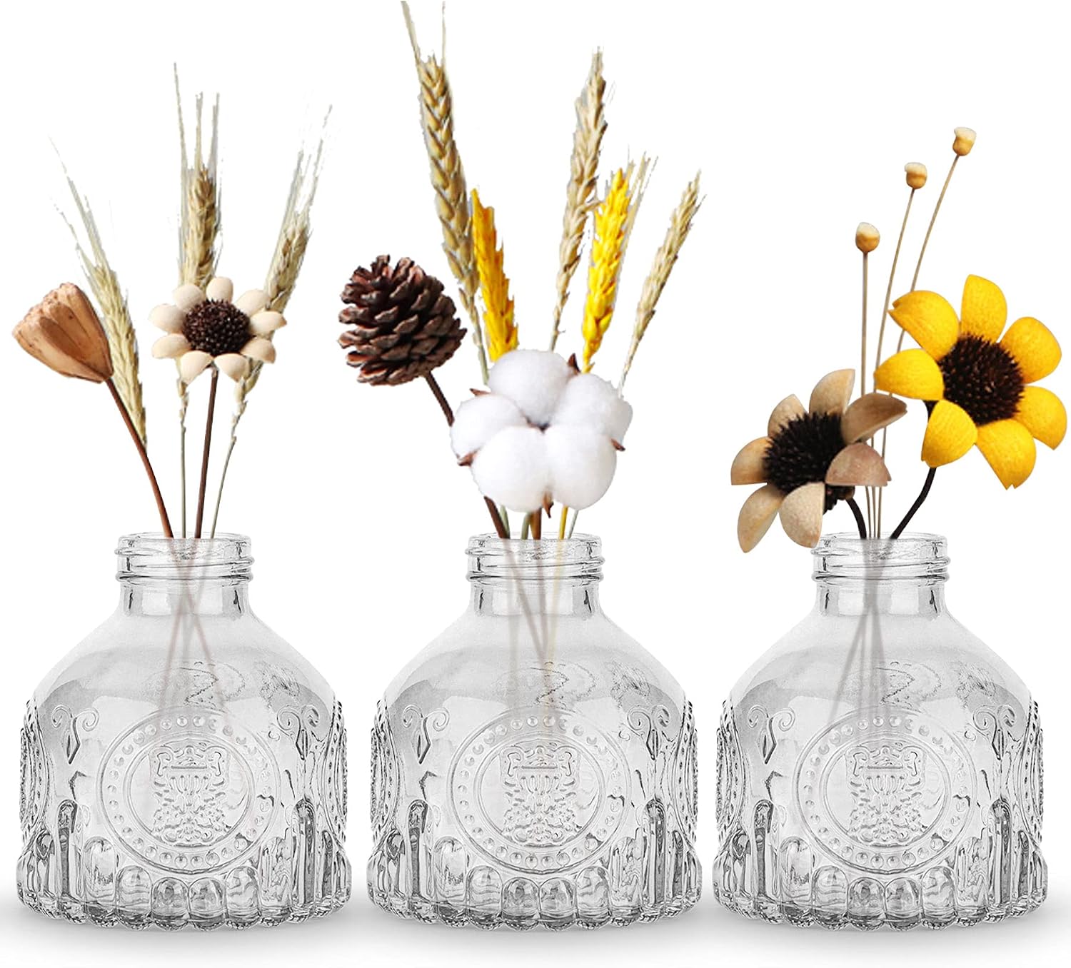 OppsArt Glass Bud Vases for Decor Set of 3, Small Clear Decorative Vases for Farmhouse Fireplace, Modern Centerpiece Floral Decoration for Home Office Living Room Shelf Table, Vintage Plant Gift