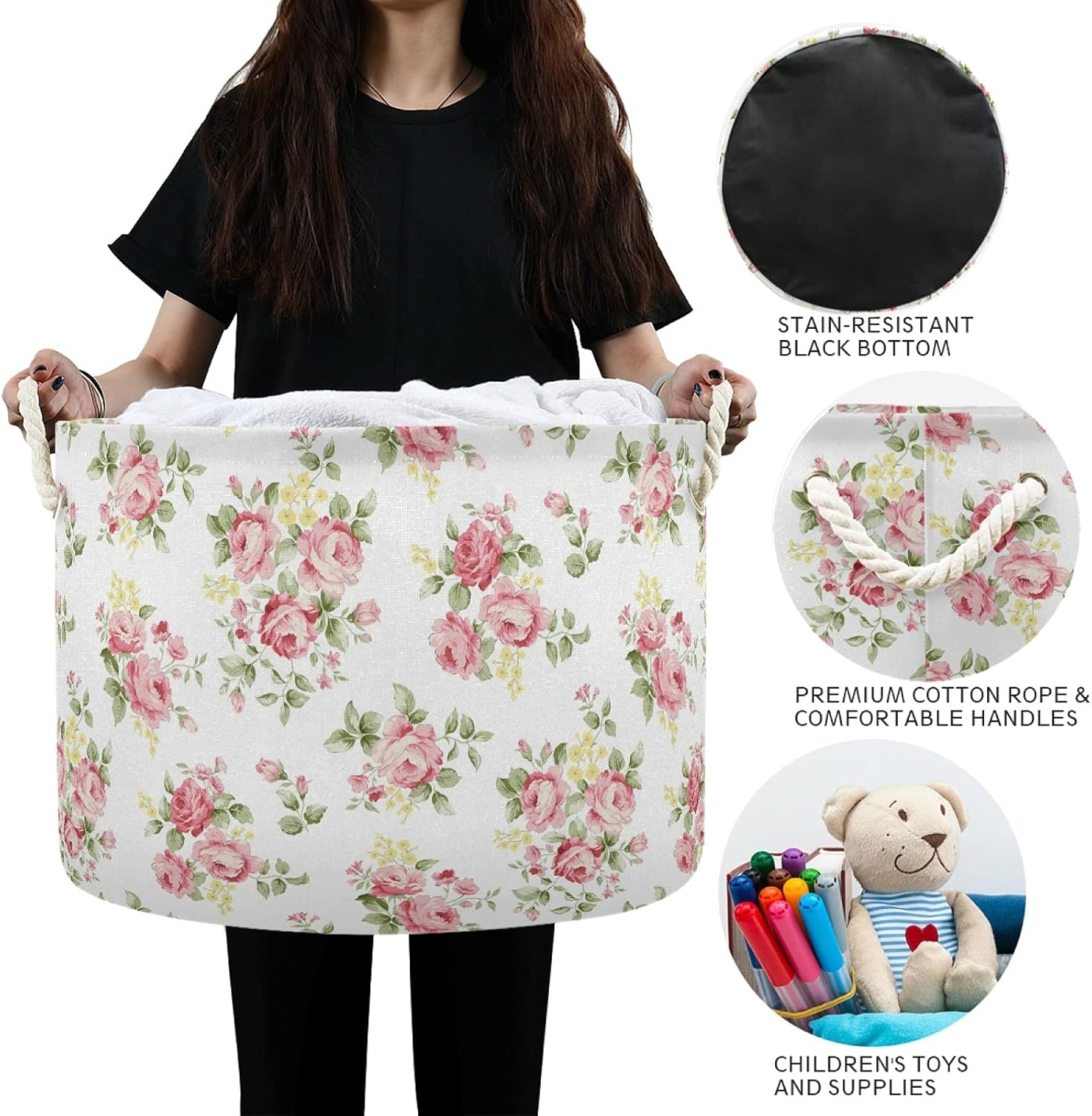 senya Large Storage Basket Pink Rose Flower Floral for Toys Clothes Storage Bin Box Laundry Hamper Organizer Bag with Handles