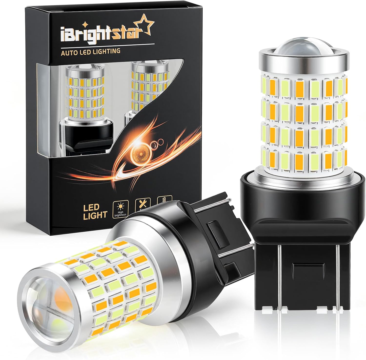 iBrightstar Super Bright 3157 4157 3155 3457 Switchback LED Bulbs with Projector Replacement for Daytime Running Lights/DRL and Turn Signal Lights, White/Amber