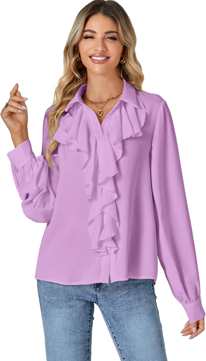LYANER Women's Dressy Ruffle Blouse Long Sleeve Collar Neck Button Down Victorian Shirt Tops - Image 5