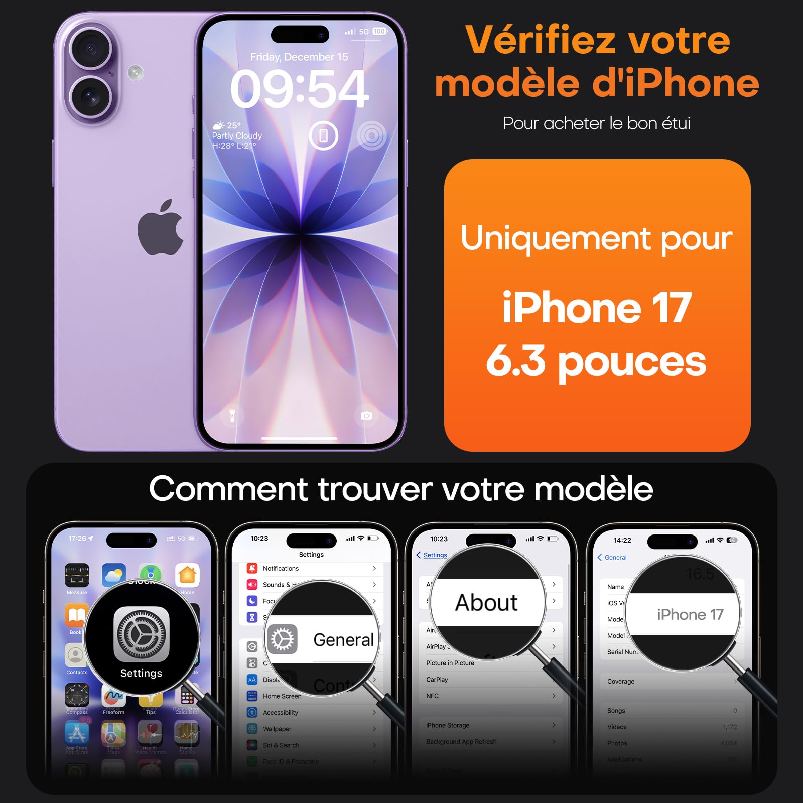 TAURI Coque pour iPhone 17 avec Protection D'écran en Verre Trempé, Protection Militaire, Coque Bumper Transparente Antichoc - Violet