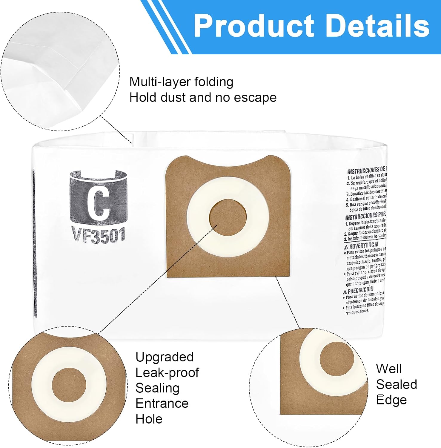 HIFROM VF3500 Replacement Filter + VF3501 Vacuum Bags Compatible with Ridgid 3 4 4.5 Gallon Shop Vaccum,VF3500 Vacuum Filter for Ridgid WD3050 WD4070 WD4080 WD4522 image 4