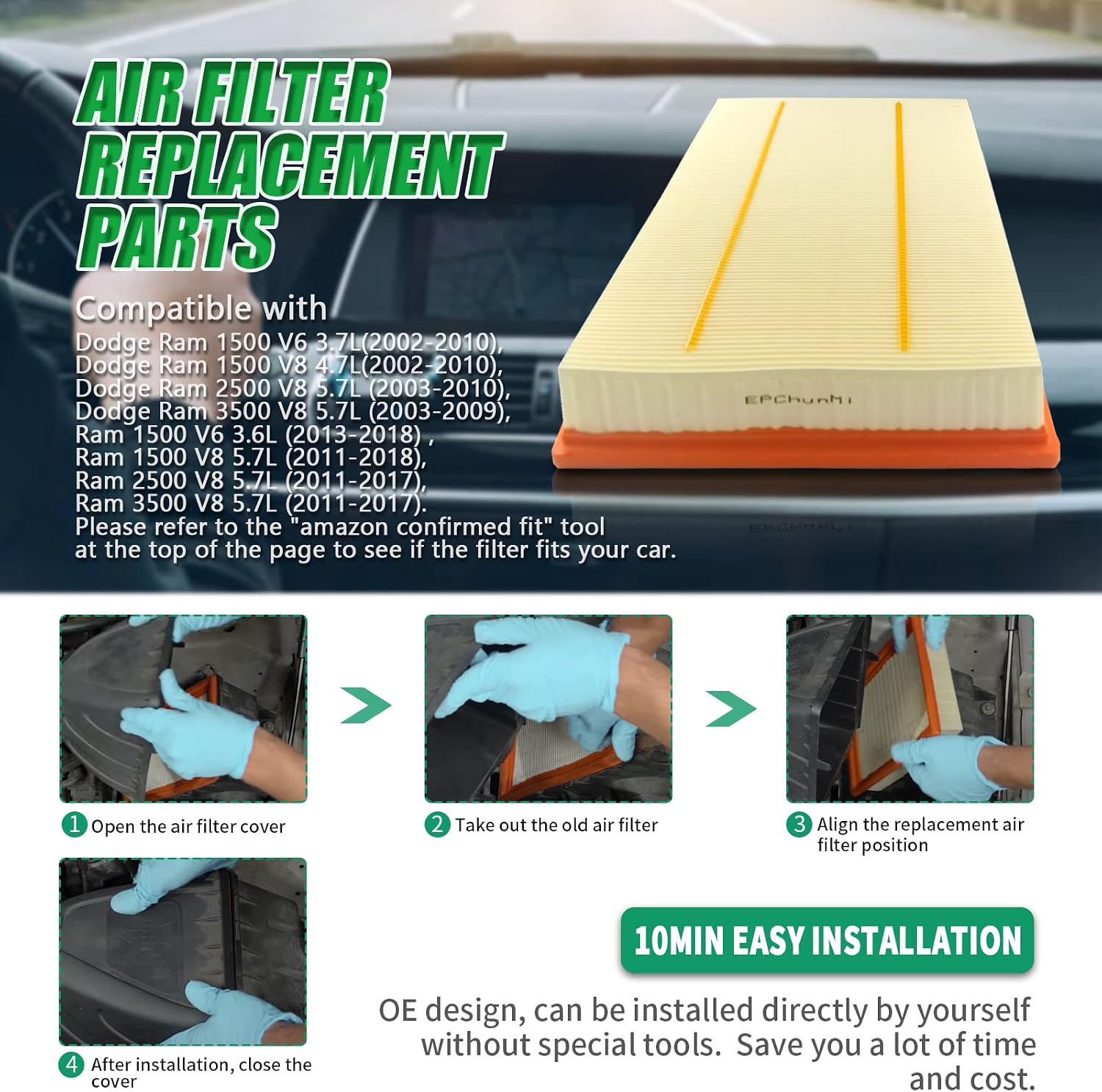 CA9401 Engine Air Filter for Dodge Ram 1500 2500 3500 2002-2018 3.6L 3.7L 4.7L 5.7L Engine Replaces 53032404AA 5303240AA A2943C