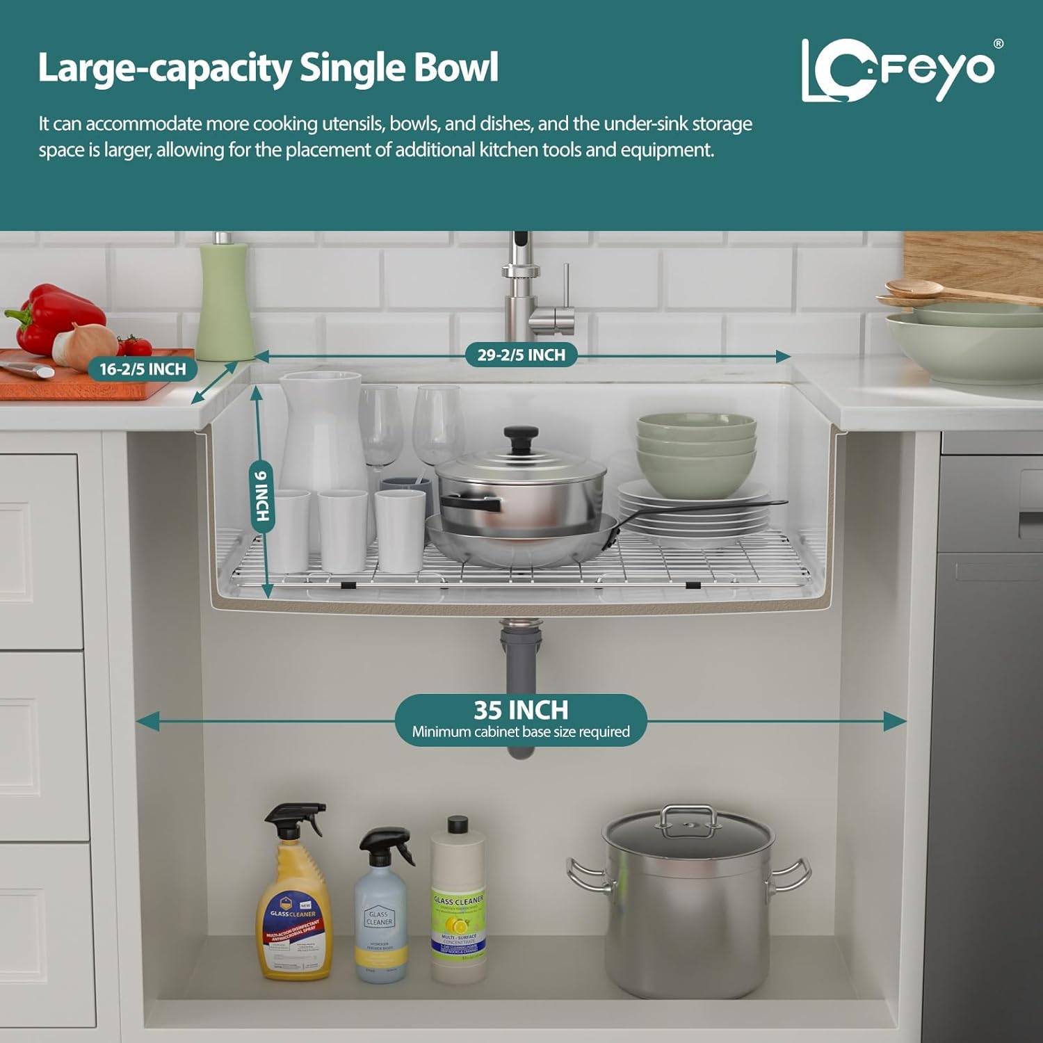 32" White Fireclay Kitchen Sink, Dual Mount Drop-In or Undermount Single Bowl Sink, High-Gloss Porcelain Ceramic Sink with Bottom Grid & Drain, 32"x19"x10"
