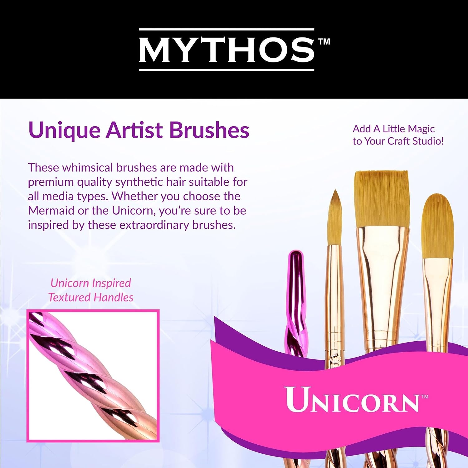 Royal & Langnickel Mythos, 7pc Unicorn Variety Craft Brush Set for All Painting Mediums, Includes - Filbert, Shader, Oval Wash, Round & Angular Brushes