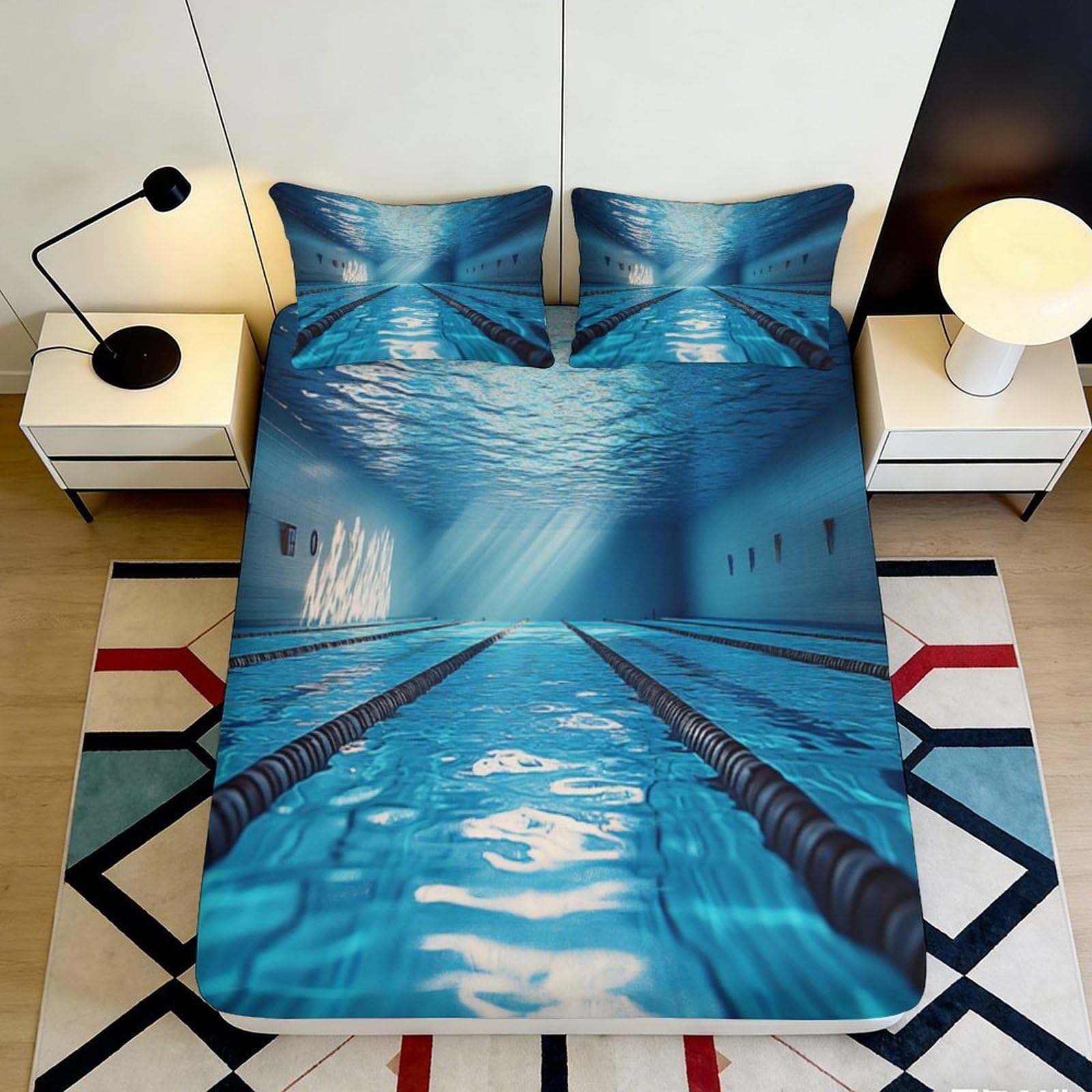 3D Printed Swimming Pool Fitted Sheet Microfiber Soft Breathable Underwater Bed Cover for Bedroom Dormitory Guest Room Mattress Protection Decor 180x200x25cm