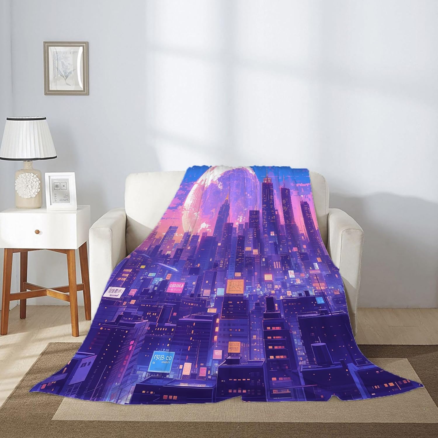 Japanese Anime 50" x 60" Pixel Art Cyberpunk City Skyline Neon Super Soft Bedding Fleece Throw Blanket Luxury Bed Blanket Sofa Living Room Bedroom Warm Lightweight for Men and Women