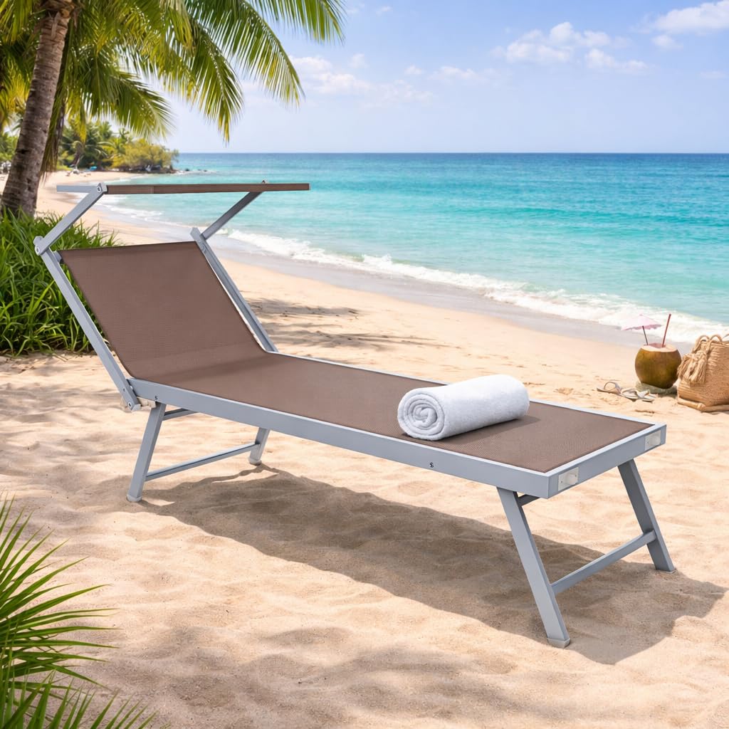 Bricozone Lettino Pieghevole Prendisole in Alluminio e Tessuto Textilene Professionale con Tettuccio Parasole Orientabile 182 x 60 x 38 cm Sdraio per Mare Spiaggia Piscina Giardino Tortora