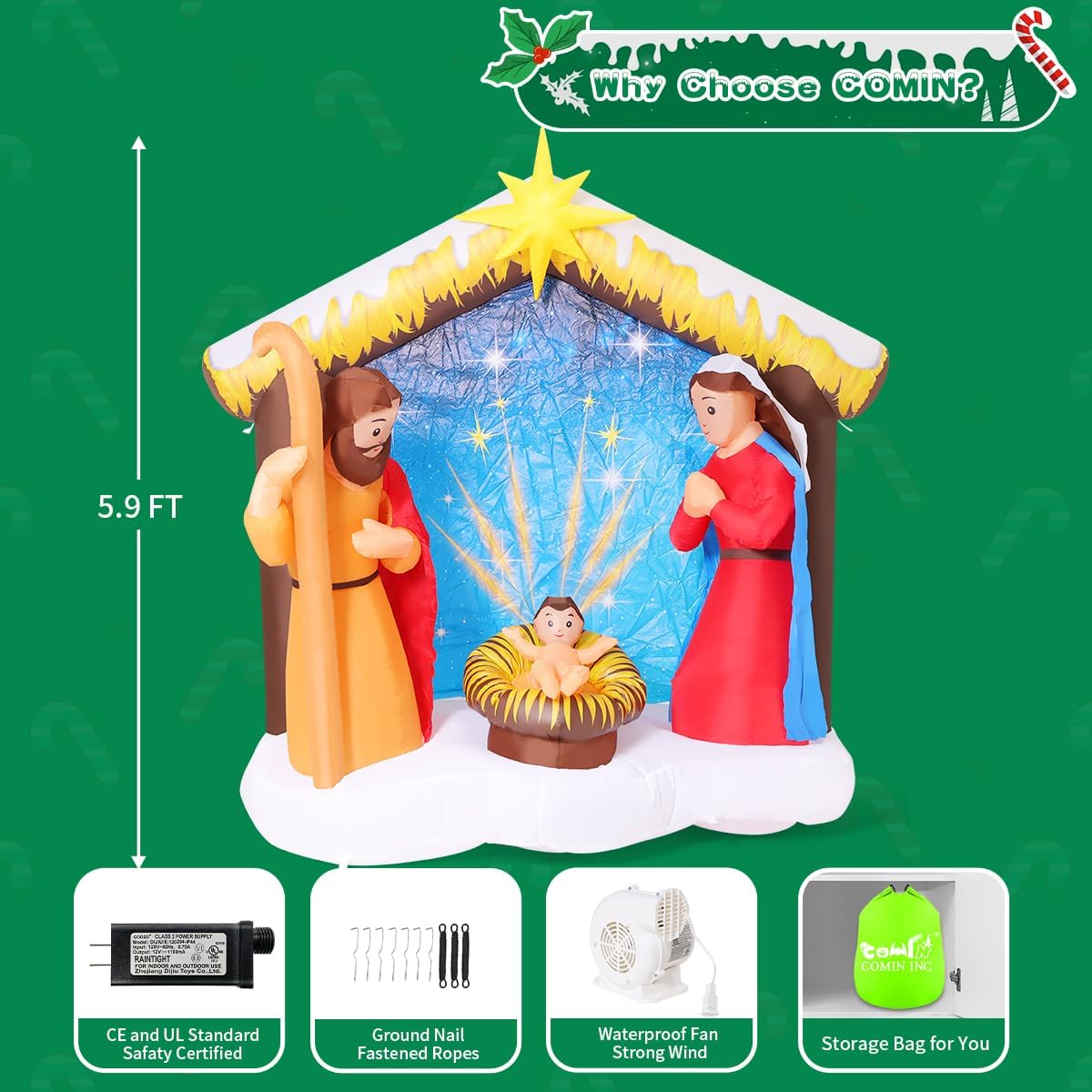 COMIN 6FT Christmas Inflatables Nativity Scene Outdoor Decorations, Christmas Blow Ups Yard Decorations Nativity Sets for Yard Garden Lawn - Image 6