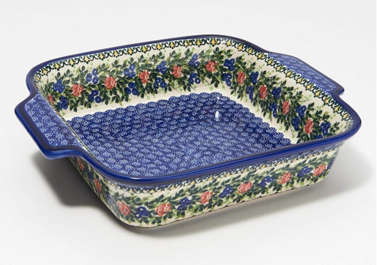 Lidia's Polish Pottery Ceramika Kalich Polish Pottery 9x9 Square Baker with Handles Red Rose