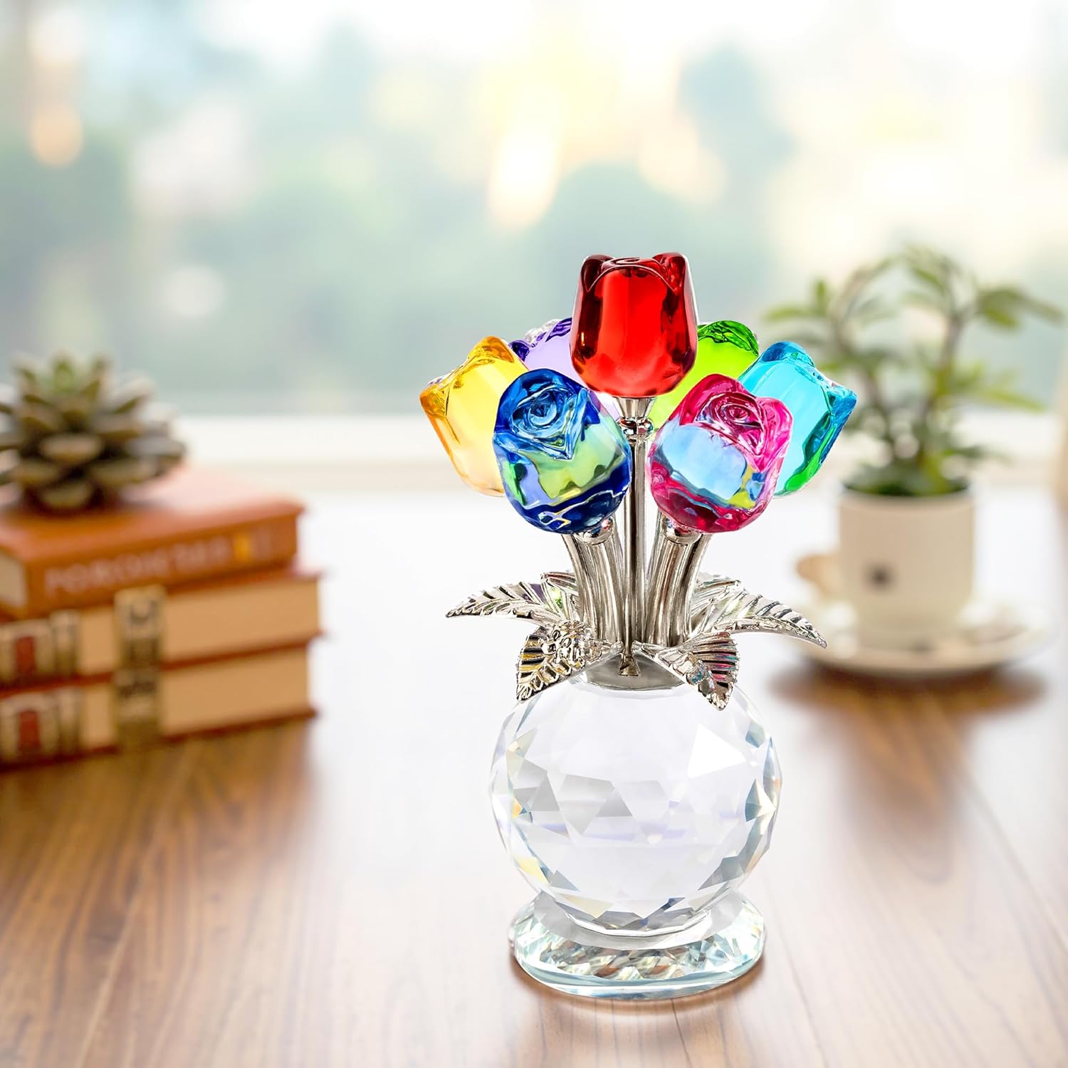 Crystal Colorful Rose Flower Collectible Figurine Glass Flowers with Vase Romantic Gifts for Wife Mom Women(2.8 * 4.7in) - Image 8