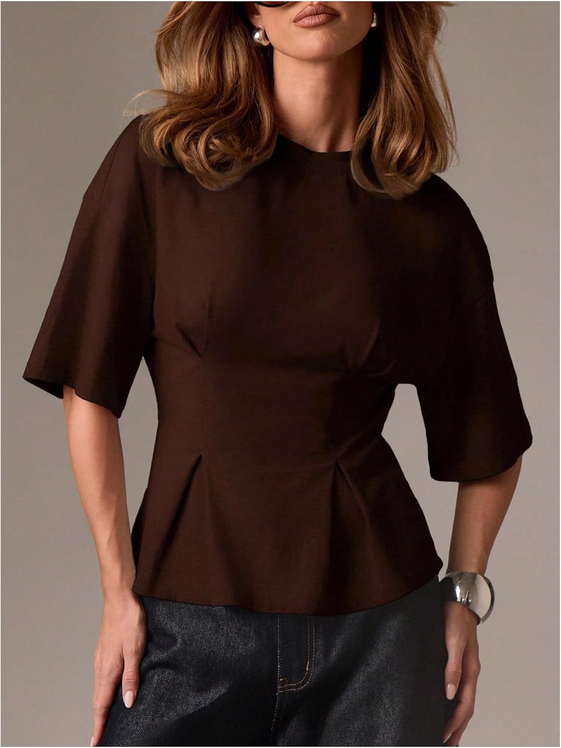 Verdusa Women's Half Sleeve Cinched Waist Tops Business Casual Crew Neck T Shirts - Image 3