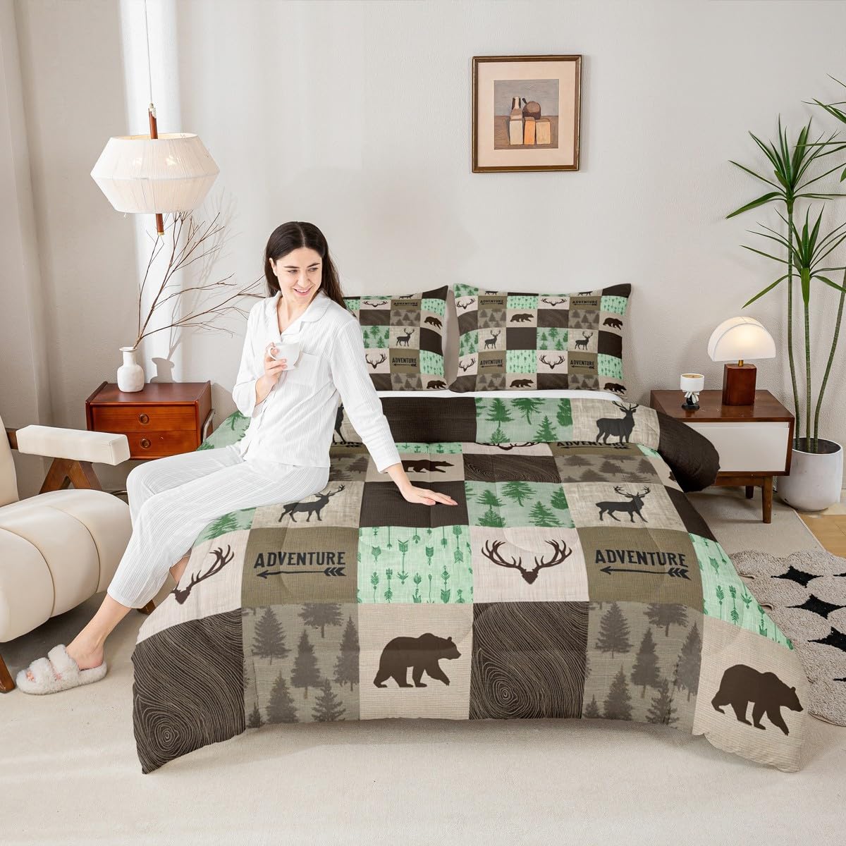 Deer Antlers Bear Kids Comforter Set Twin Size,Boys Girls Adults Cabin Decor,Wild Animals Boho Arrows Down Comforter,Geometric Checkered Patchwork