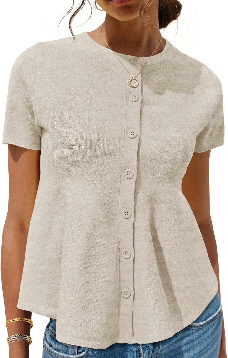 Saodimallsu Womens Short Sleeve Cardigans Ruffle Button Down Crew Neck Peplum Babydoll Knit Sweater Tops