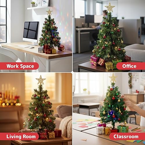 Miniatura 5 de PREXTEX - Mini árbol de Navidad de 23 pulg DIY con luces - Pequeños adornos de Navidad de mesa Árbol de Navidad de mesa con luces LED multicolor,