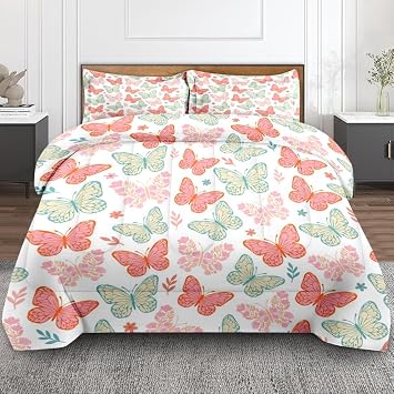 Comforter Set of 3, Full, Bedroom Decoration Butterfly Vintage