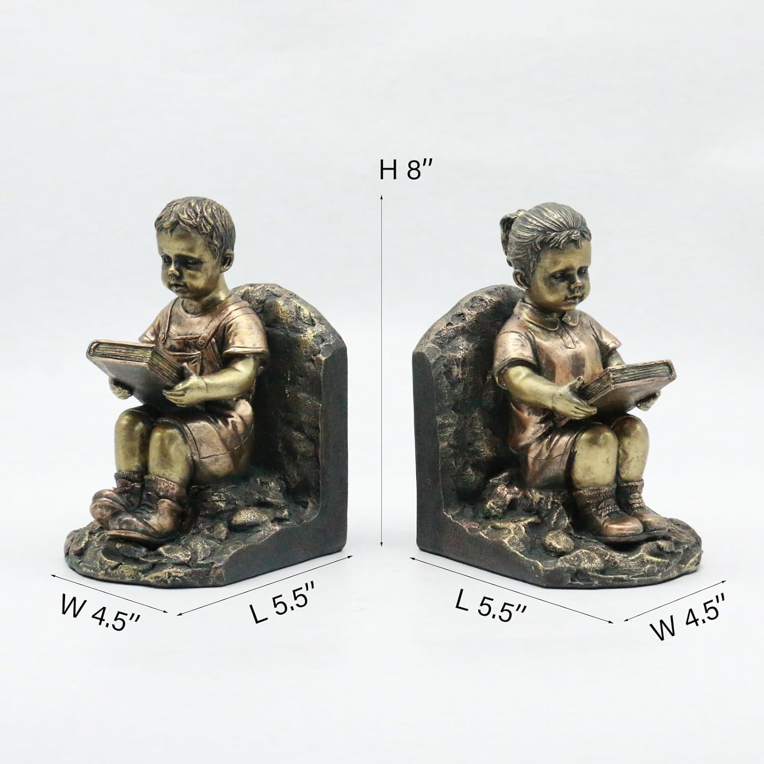 Lukitas Children Reading Bookends, Artistic Warm Home Decor Accent for Living Room, Kids Room, Home Office, Decorative Ornament Bookends, Vintage Bronze Finish, Set of 2, Resin