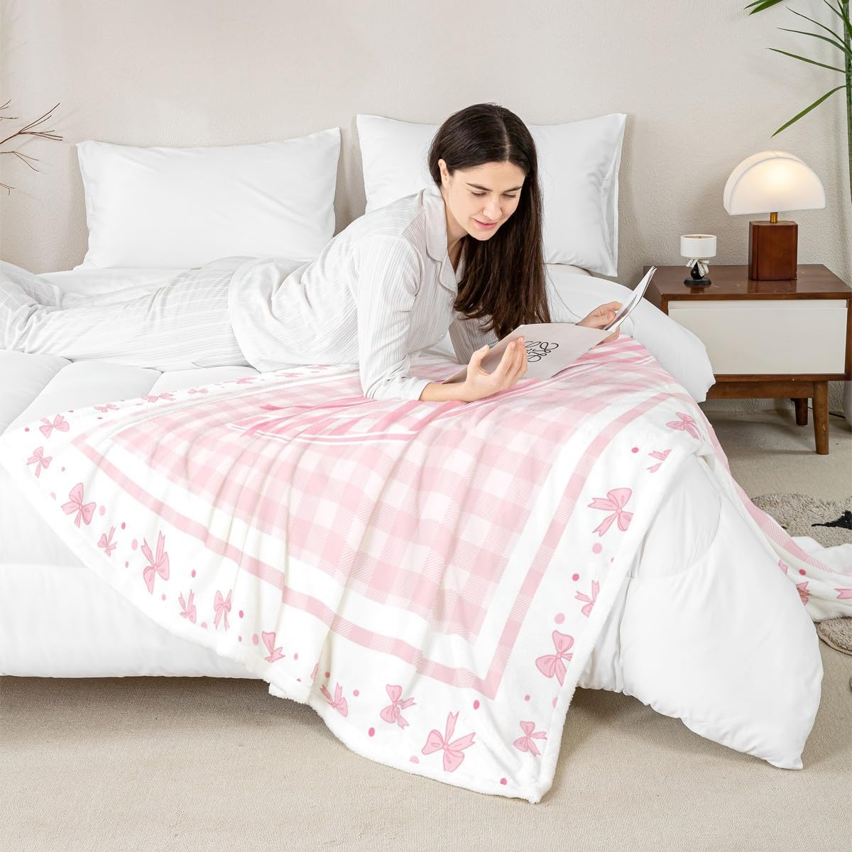 Erosebridal Pink Initial D Fleece Blanket Twin 60"X80" Plaid Ribbon Bow Letter Sherpa Blanket Personalized Bowknot Monogram Fuzzy Plush Throw for Kids Girls,Cute Preppy Coquette Decor for Bed Couch