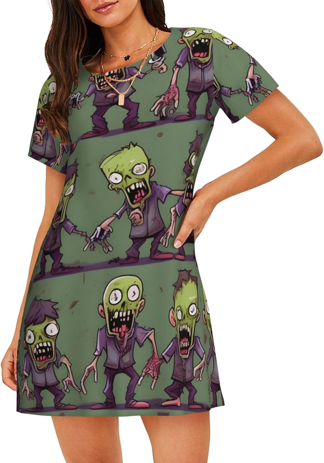 Casual Many Zombie Print Print Pajama Dress For Ladies,Women Short Sleeve Nightgown,Soft Comfortable Sleepwear