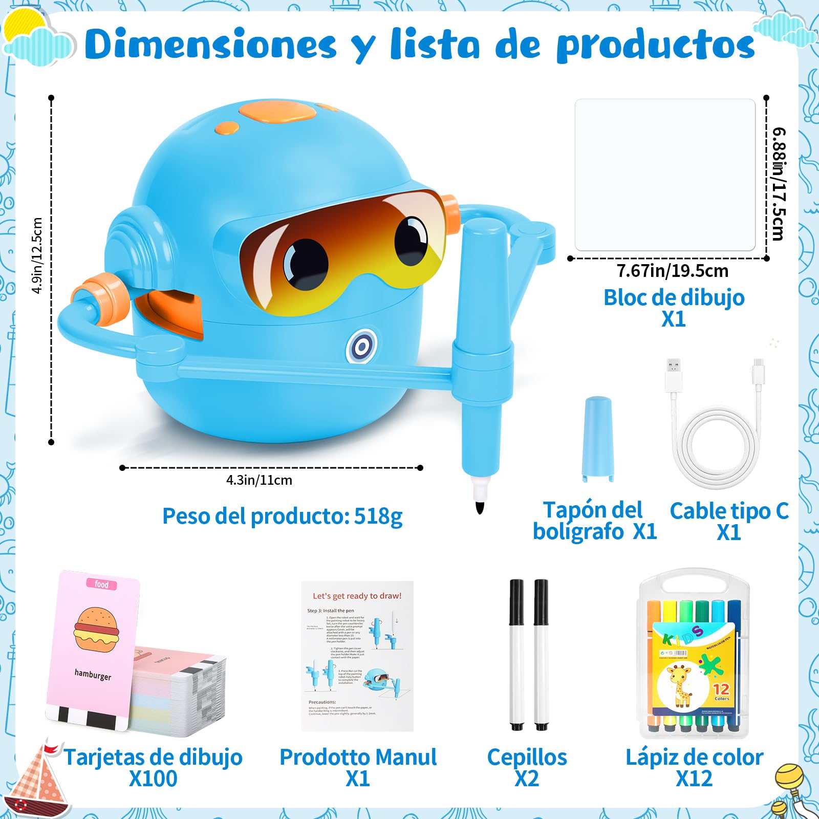 Charmofun Robot de Dibujo para Niños, Drawing Robot con 100 Tarjetas, Robots Inteligente Juguete Recargable, Juguete Educativo Interactivo con Voz para Niños y Niñas a Partir de 3 Años (Azul-2)