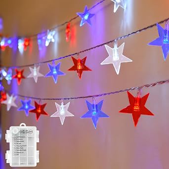Red White and Blue Lights Star for Memorial Day Decorations, 20FT Star String Lights for 4th of July Decorations with 40LED, Timer, Waterproof, 8 Modes, Battery Operated for Patriotic Decorations