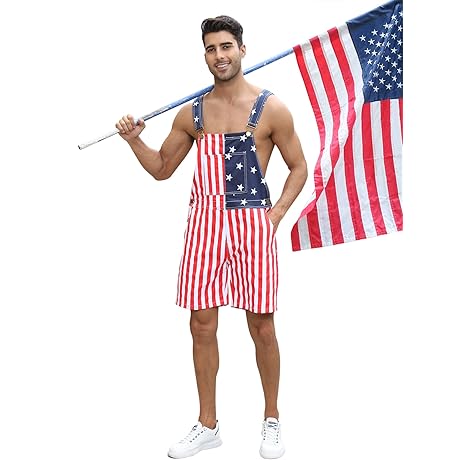 Mens Rompers American Flag Jumpsuits 4th of July Jean Overalls