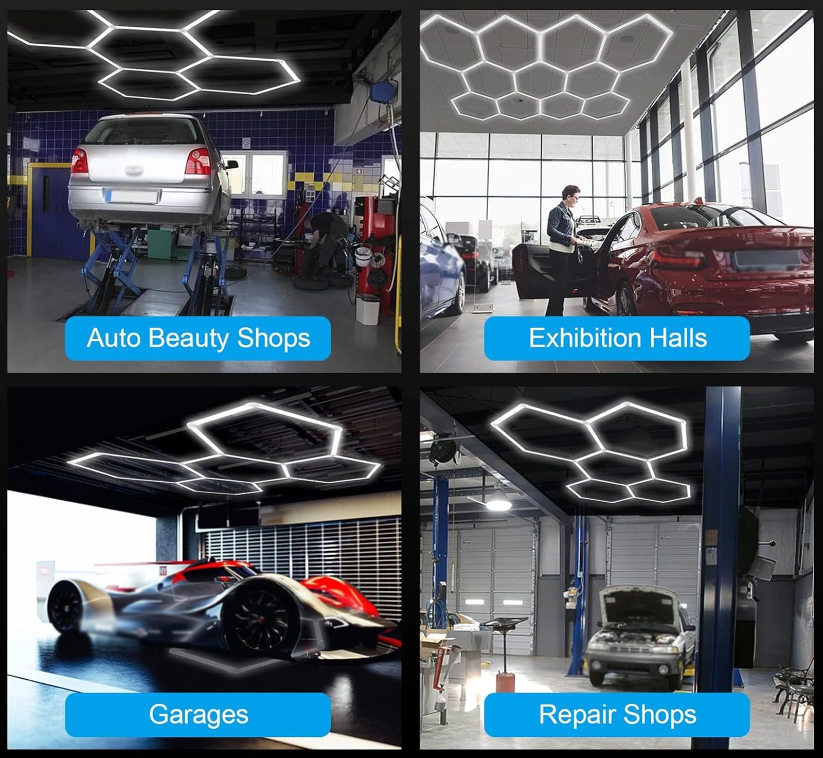 Systèmes d'éclairage LED nid d'abeille, éclairages hexagonaux ultra-lumineux à monter soi-même, tubes lumineux pour garage, plafonnier LED hexagonal pour garage 6500 K 14 HEX