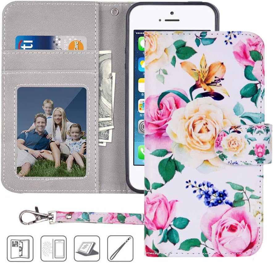 iPhone 5S Wallet Case,iPhone 5 Wallet Case,iPhone SE Wallet Case,MagicSky Premium PU Leather Flip Folio Case Cover with Wrist Strap,Card Slots,Cash Pocket,Kickstand for Apple iPhone 5S/5/SE(Flower)